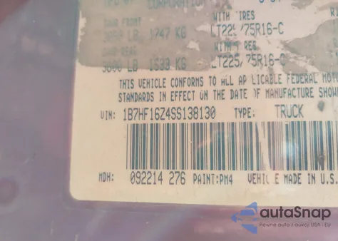 1995 Dodge Ram 1500 from USA, damaged, VIN 1B7HF16Z4SS138130